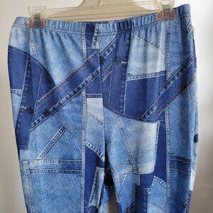 Back In Time Printed Blue Denim Flare Pants (Size: Large)